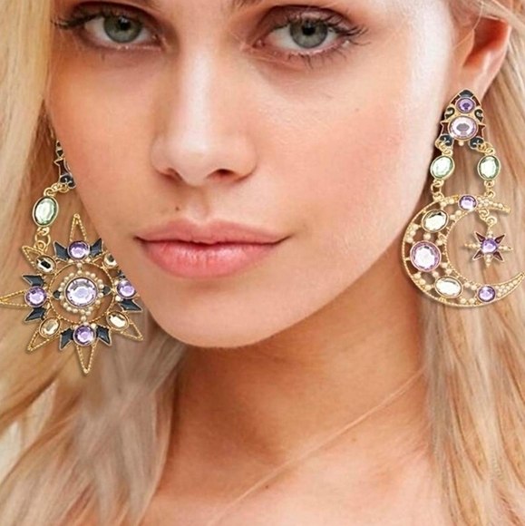 Sun Moon Stars Drop Earrings Gem Crystal Rhinestone Gold Boho Vintage Statement - Picture 5 of 5